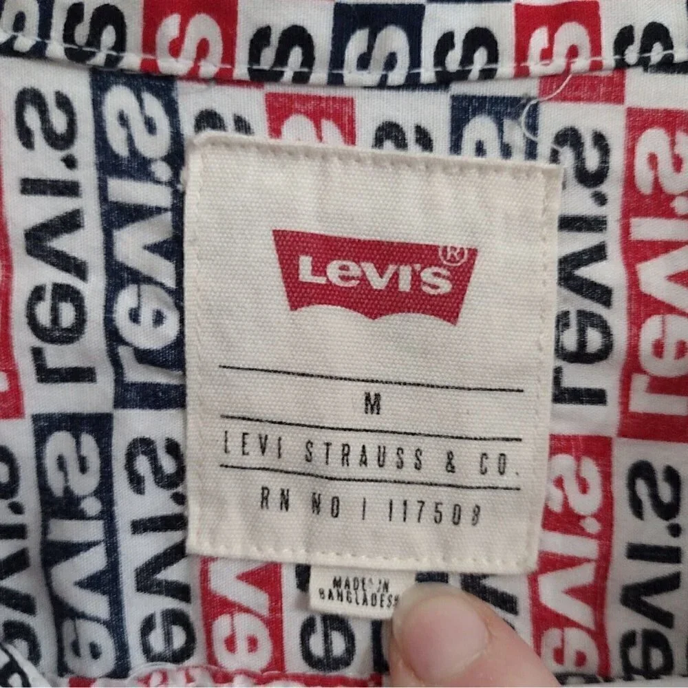 Levis Classic Retro Logo Pattern Button Down Shirt Short Sleeve Mens Medium